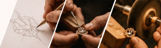 A setter’s hands securing a diamond into a ring under a loupe