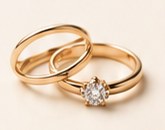 Two plain yellow-gold bands stacked with a diamond-set ring