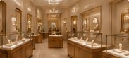 The interior of a Trimaani showroom with lit display cases